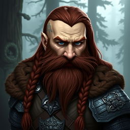 A tall dwarf character with dark reddish-brown hair that is slightly braided and a braided beard, dressed in intricate Viking armor