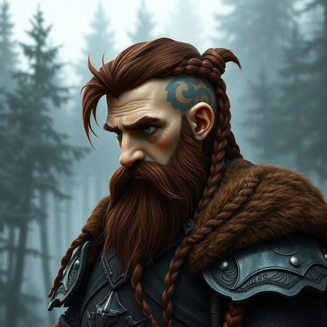 A tall dwarf character with dark reddish-brown hair that is slightly braided and a braided beard, dressed in intricate Viking armor