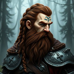 A tall dwarf character with dark reddish-brown hair that is slightly braided and a braided beard, dressed in intricate Viking armor