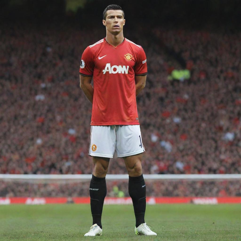 Cristiano Ronaldo, the world-famous footballer, in his Manchester United kit, gearing up to take a free kick in a packed stadium.