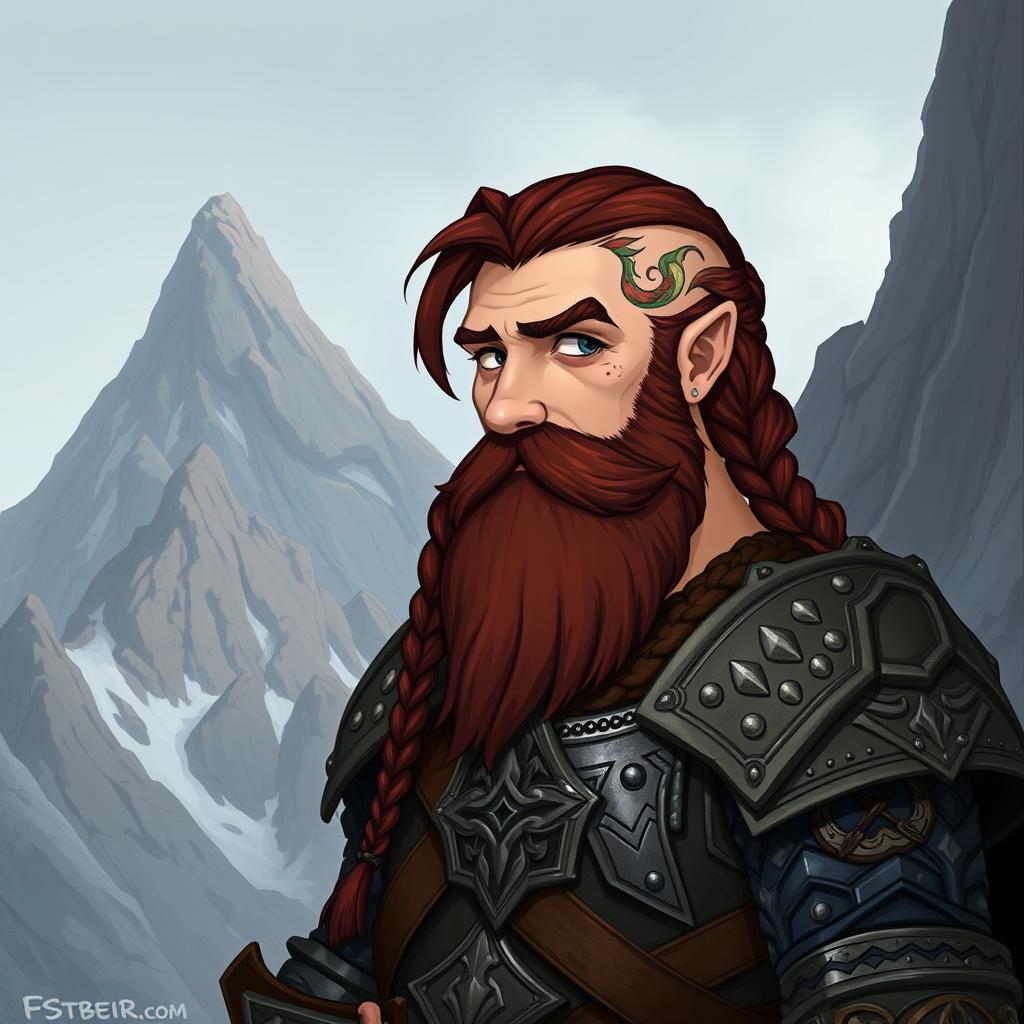 A tall dwarf character with dark reddish-brown slightly braided hair and a braided beard, dressed in ornate Viking armor without a helmet