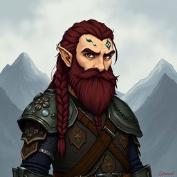 A tall dwarf character with dark reddish-brown slightly braided hair and a braided beard, dressed in ornate Viking armor without a helmet