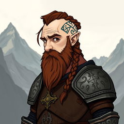 A tall dwarf character with dark reddish-brown slightly braided hair and a braided beard, dressed in ornate Viking armor without a helmet