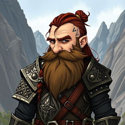 A tall dwarf character with dark reddish-brown slightly braided hair and a braided beard, dressed in ornate Viking armor without a helmet