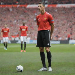 Cristiano Ronaldo, the world-famous footballer, in his Manchester United kit, gearing up to take a free kick in a packed stadium.