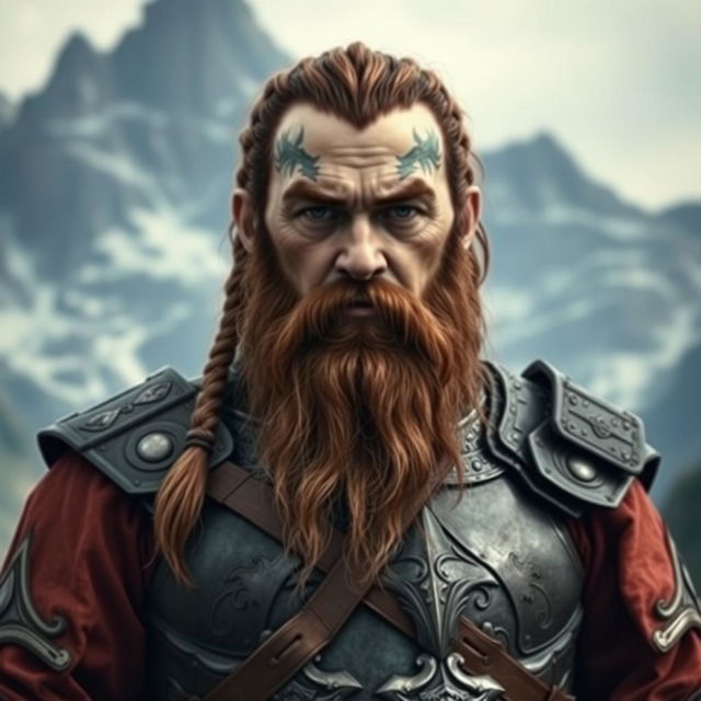 A tall dwarf with dark reddish-brown slightly braided hair and a braided beard, adorned in elaborate Viking-style armor without a helmet