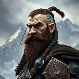 A tall dwarf with dark reddish-brown slightly braided hair and a braided beard, adorned in elaborate Viking-style armor without a helmet