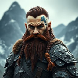 A tall dwarf with dark reddish-brown slightly braided hair and a braided beard, adorned in elaborate Viking-style armor without a helmet