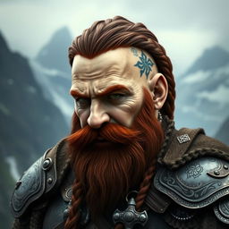 A tall dwarf with dark reddish-brown slightly braided hair and a braided beard, adorned in elaborate Viking-style armor without a helmet