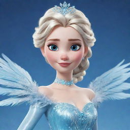 A cartoon representation of Elsa from Frozen, elegantly dressed in a beautifully detailed feathered costume, befitting her royal character and enhancing her icy elegance.