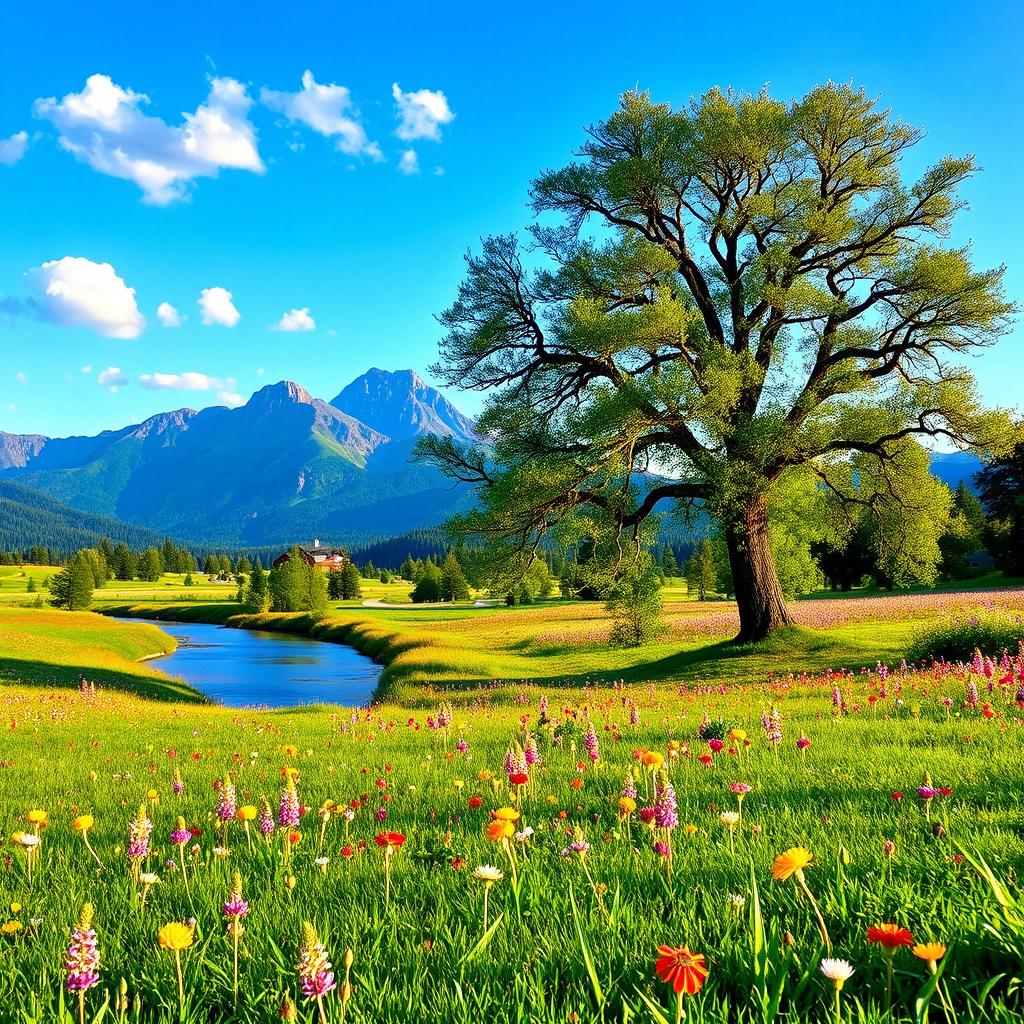 A serene landscape featuring a lush green meadow dotted with vibrant wildflowers in full bloom