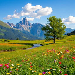 A serene landscape featuring a lush green meadow dotted with vibrant wildflowers in full bloom