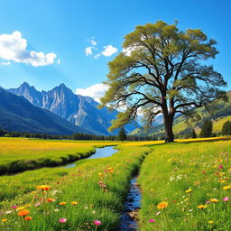 A serene landscape featuring a lush green meadow dotted with vibrant wildflowers in full bloom