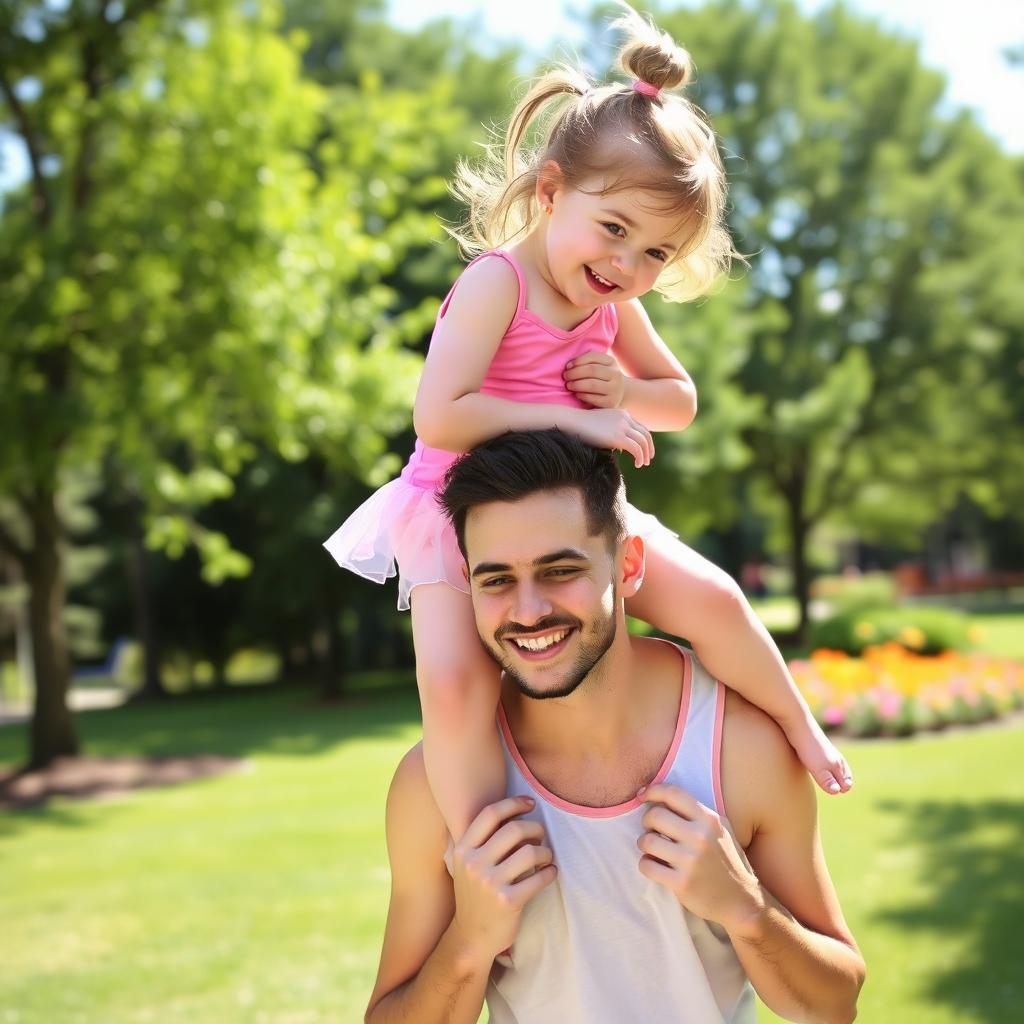 A young girl with a pink leotard, playfully sitting on the shoulders of a man during a sunny day at a park