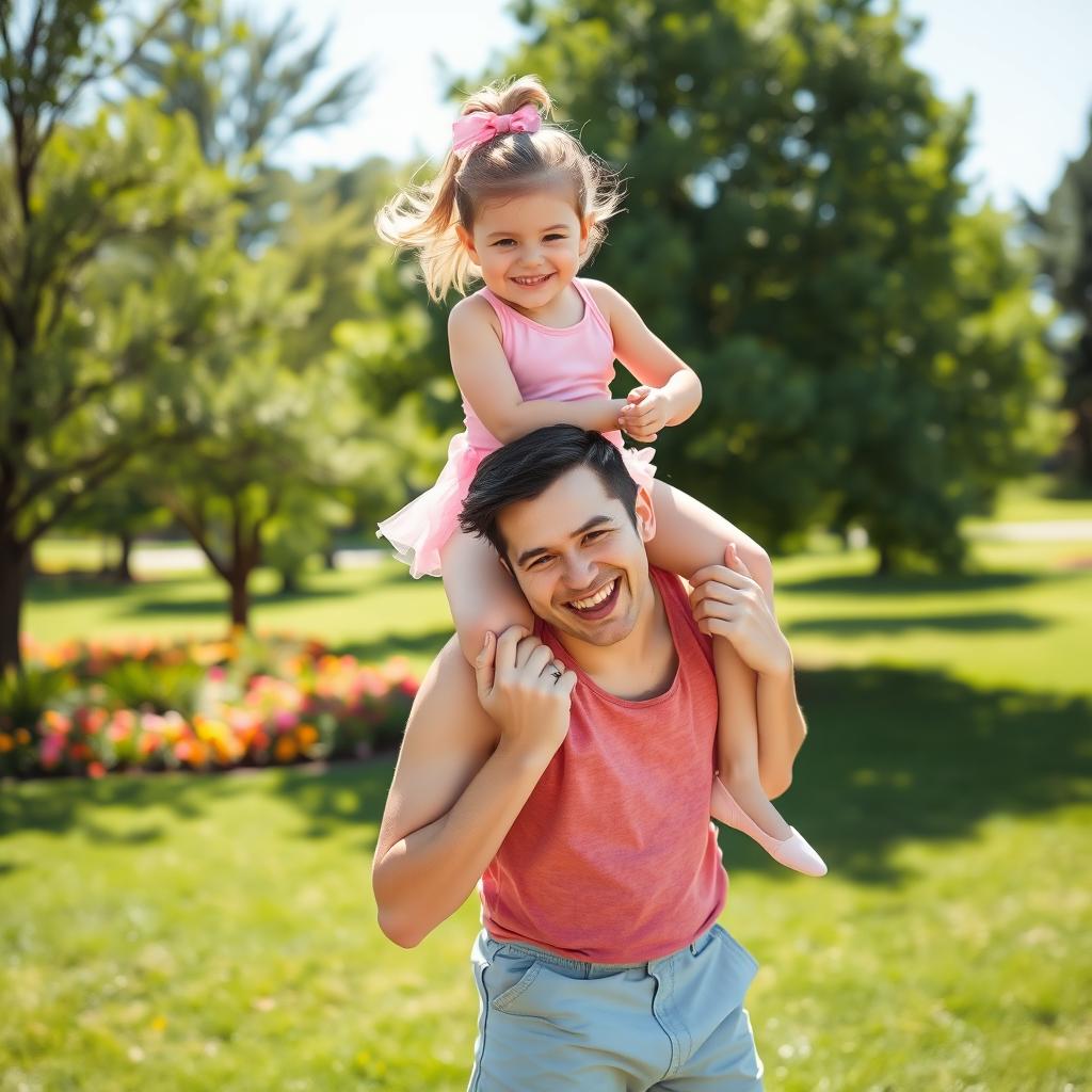 A young girl with a pink leotard, playfully sitting on the shoulders of a man during a sunny day at a park