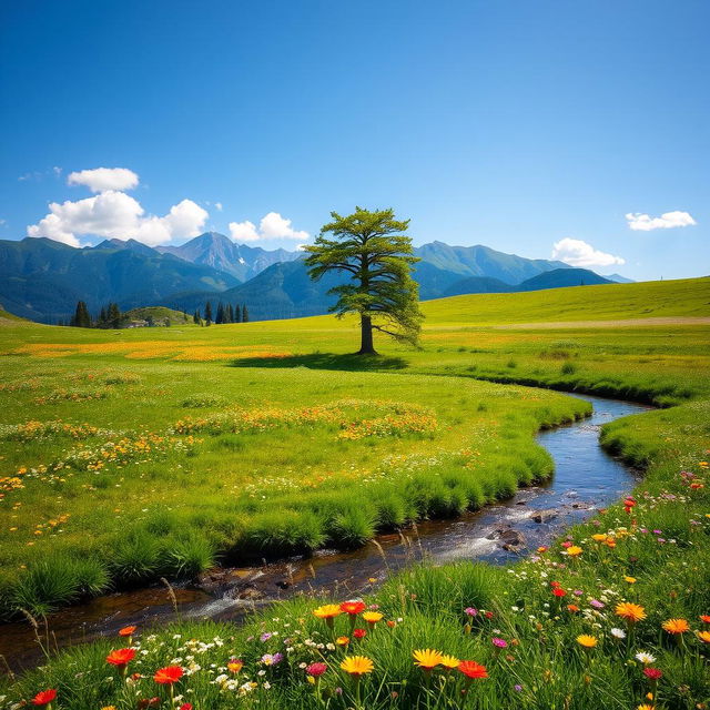 A serene landscape featuring a lush green meadow dotted with vibrant wildflowers in full bloom