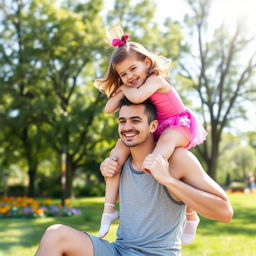 A young girl with a pink leotard, playfully sitting on the shoulders of a man during a sunny day at a park