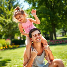 A young girl with a pink leotard, playfully sitting on the shoulders of a man during a sunny day at a park