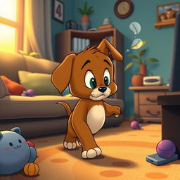 In the delightful style of Tom and Jerry, a brown puppy is depicted walking slowly through a cozy living room