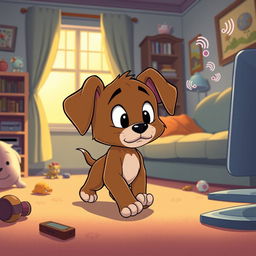 In the delightful style of Tom and Jerry, a brown puppy is depicted walking slowly through a cozy living room