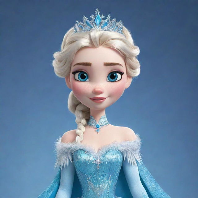 A cartoon representation of Elsa from Frozen, elegantly dressed in a beautifully detailed feathered costume, befitting her royal character and enhancing her icy elegance.