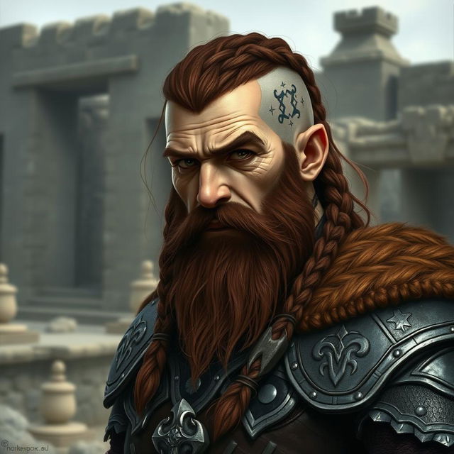 A tall dwarf character featuring dark reddish-brown slightly braided shaved hair and a braided beard, clad in intricate Viking armor without a helmet