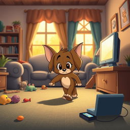 In the delightful style of Tom and Jerry, a brown puppy is depicted walking slowly through a cozy living room