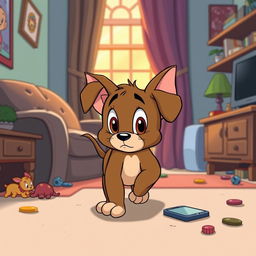 In the delightful style of Tom and Jerry, a brown puppy is depicted walking slowly through a cozy living room