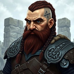 A tall dwarf character featuring dark reddish-brown slightly braided shaved hair and a braided beard, clad in intricate Viking armor without a helmet