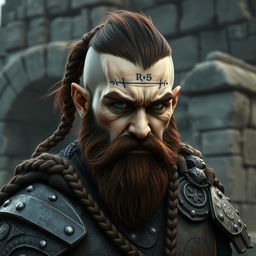 A tall dwarf character featuring dark reddish-brown slightly braided shaved hair and a braided beard, clad in intricate Viking armor without a helmet