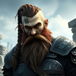 A tall dwarf character featuring dark reddish-brown slightly braided shaved hair and a braided beard, clad in intricate Viking armor without a helmet