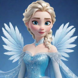 A cartoon representation of Elsa from Frozen, elegantly dressed in a beautifully detailed feathered costume, befitting her royal character and enhancing her icy elegance.