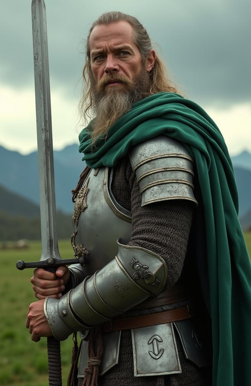 A hyper-realistic live-action image of Gamling of Rohan from Lord of the Rings, depicted as a seasoned warrior with a strong, weathered face that reflects his experience in battle