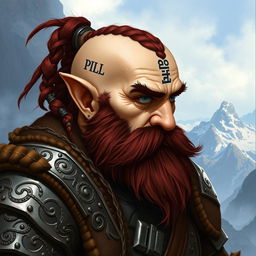 A tall dwarf with dark reddish-brown slightly braided shaved hair and a braided beard, wearing intricate Viking armor without a helmet