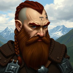 A tall dwarf with dark reddish-brown slightly braided shaved hair and a braided beard, wearing intricate Viking armor without a helmet