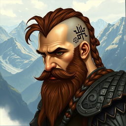 A tall dwarf with dark reddish-brown slightly braided shaved hair and a braided beard, wearing intricate Viking armor without a helmet