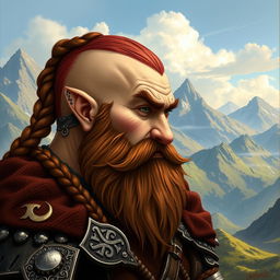 A tall dwarf with dark reddish-brown slightly braided shaved hair and a braided beard, wearing intricate Viking armor without a helmet