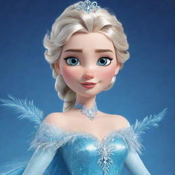 A cartoon representation of Elsa from Frozen, elegantly dressed in a beautifully detailed feathered costume, befitting her royal character and enhancing her icy elegance.