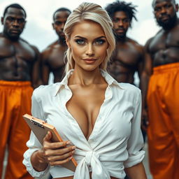 An extreme close-up of a gorgeous blonde woman with a smug smirk, wearing a stylish white blouse tied in the front which accentuates her large chest with prominent cleavage