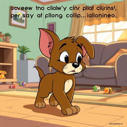 In the playful and expressive style of Tom and Jerry, a brown puppy is illustrated walking slowly through a cozy living room, its large, downtrodden eyes reflecting sadness