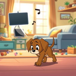 In the playful and expressive style of Tom and Jerry, a brown puppy is illustrated walking slowly through a cozy living room, its large, downtrodden eyes reflecting sadness