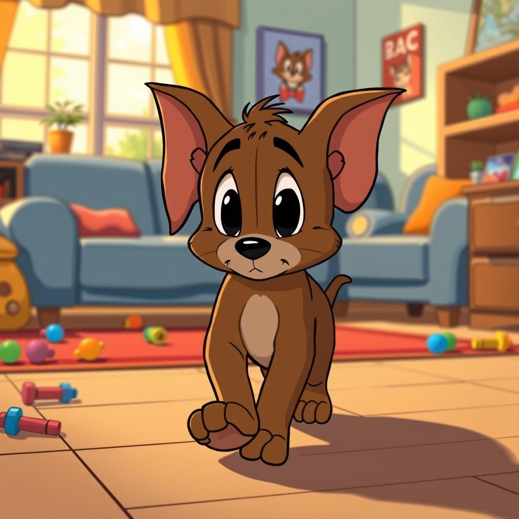 In the playful and expressive style of Tom and Jerry, a brown puppy is illustrated walking slowly through a cozy living room, its large, downtrodden eyes reflecting sadness