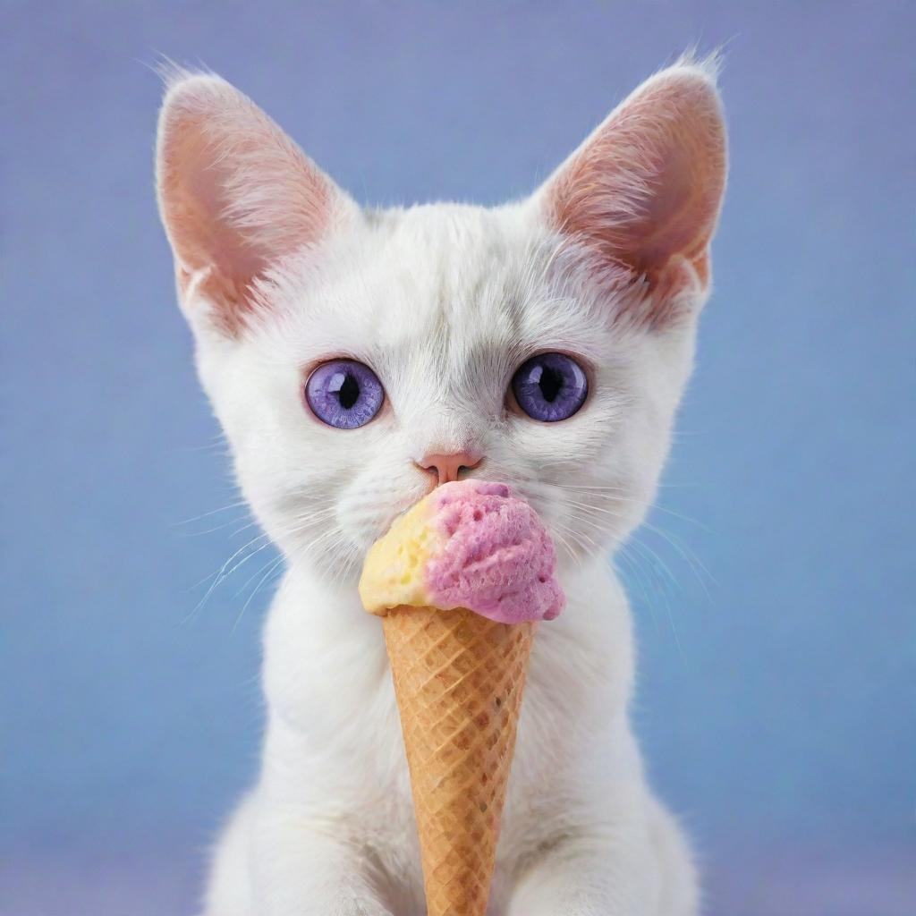 Create an adorable cat with notably large ears, captivating purple eyes, and a small nose, charmingly enjoying a scoop of rainbow-colored ice cream.