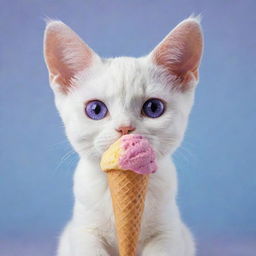 Create an adorable cat with notably large ears, captivating purple eyes, and a small nose, charmingly enjoying a scoop of rainbow-colored ice cream.