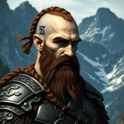 A tall dwarf character featuring dark reddish-brown slightly braided shaved hair and a braided beard, dressed in ornate Viking armor without a helmet