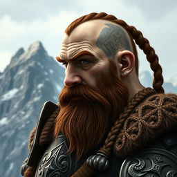 A tall dwarf character featuring dark reddish-brown slightly braided shaved hair and a braided beard, dressed in ornate Viking armor without a helmet