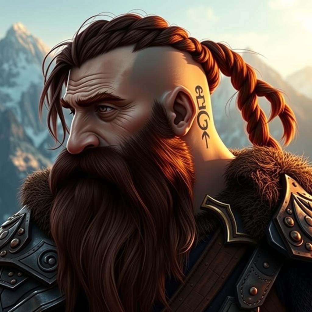 A tall dwarf character featuring dark reddish-brown slightly braided shaved hair and a braided beard, dressed in ornate Viking armor without a helmet