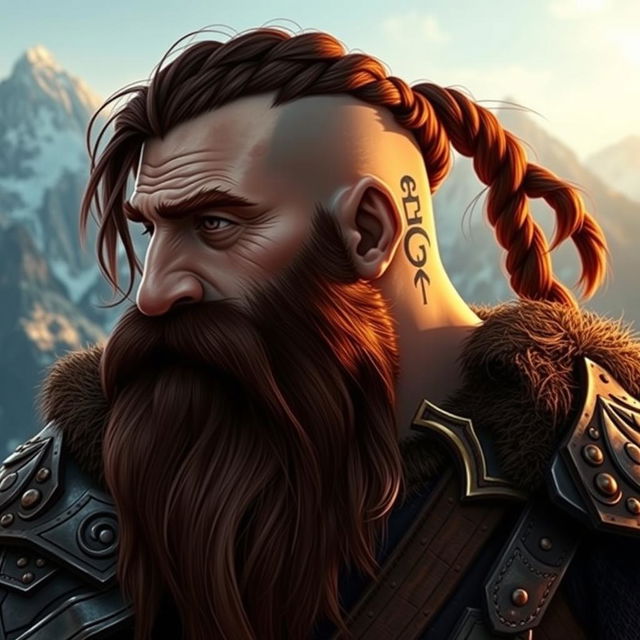 A tall dwarf character featuring dark reddish-brown slightly braided shaved hair and a braided beard, dressed in ornate Viking armor without a helmet