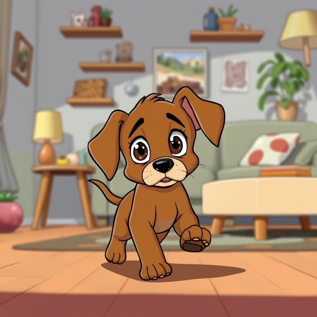 A brown puppy walking sadly through a living room in the style of classic cartoon characters like Tom and Jerry, with its big expressive eyes showing a sense of melancholy