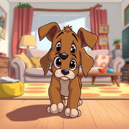 A brown puppy walking sadly through a living room in the style of classic cartoon characters like Tom and Jerry, with its big expressive eyes showing a sense of melancholy